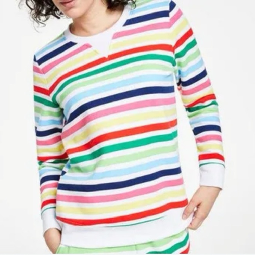 (A10) Charter Club Printed Stripe Multicolor Top Crew Neck Longsleeve, Sz L, NWT